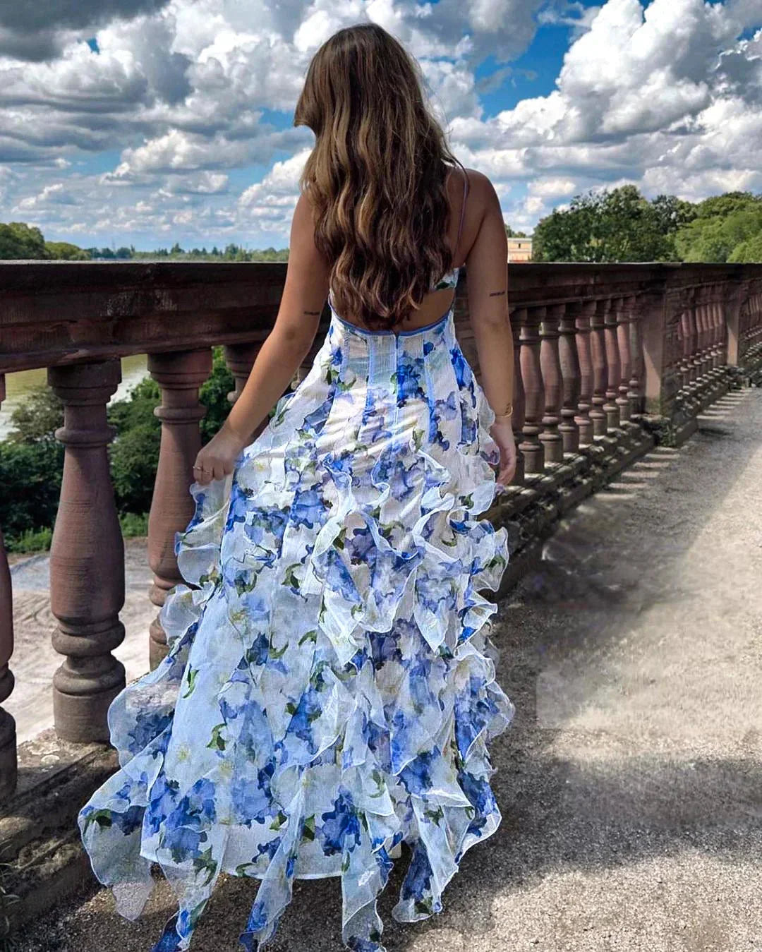 Emilly - Women’s blue floral tiered maxi dress with ruffles