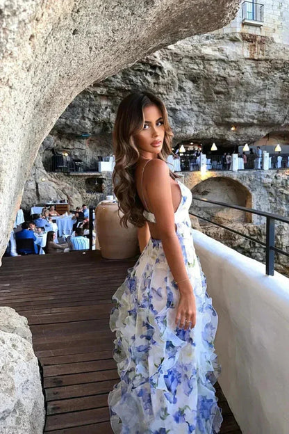 Emilly - Women’s blue floral tiered maxi dress with ruffles
