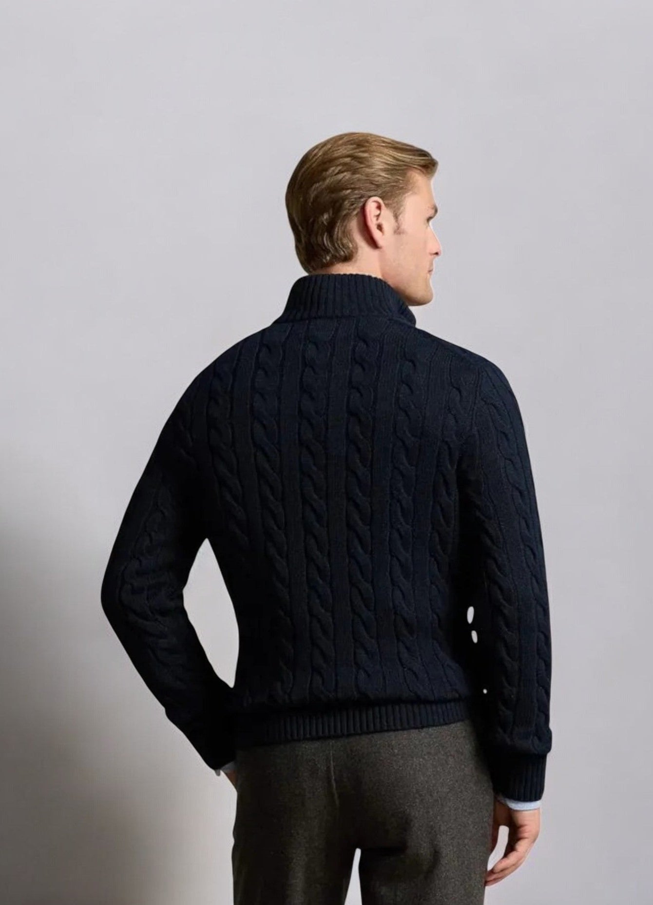 Men's premium zip sweater by Azirado featuring a stylish cable knit design in navy blue