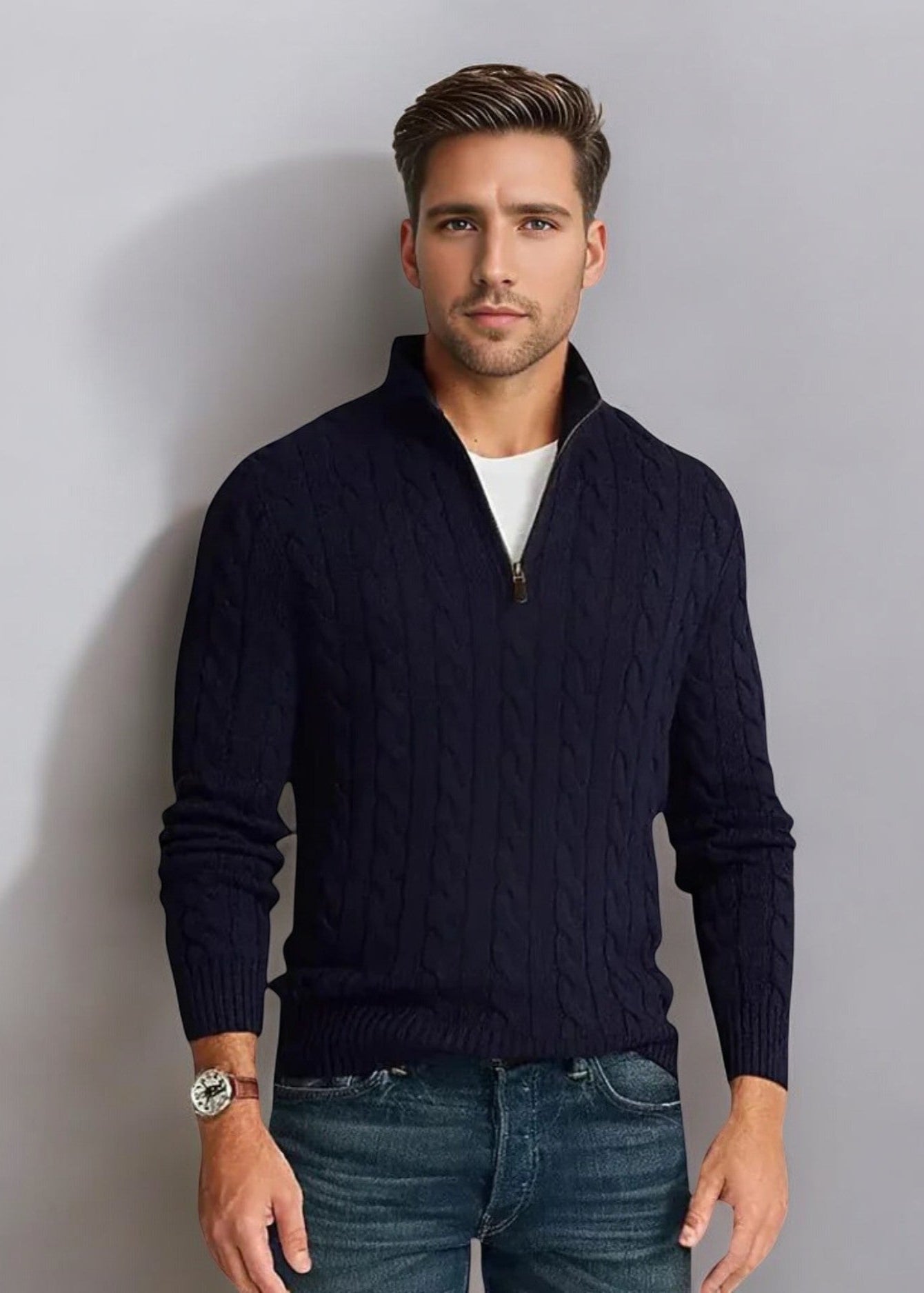 Men's premium zip sweater from Azirado in dark navy with a stylish cable knit design