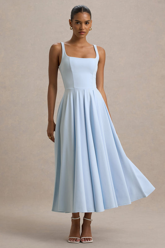 Parina | Powder Blue Strappy Volume-Hem Midi Dress