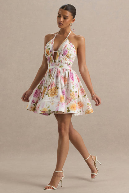 Kasey | Cream Floral Print Halter-Neck Mini Dress With Ruffle Detail
